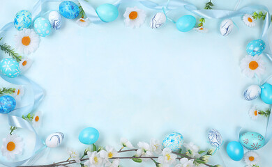 Fototapeta na wymiar Happy Easter concept, spring card, background. Decorated blue Easter eggs on a gentle background. Minimal holiday concept, space for text, banner for screen, template for design,
