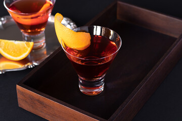 Negroni cocktail on a wooden tray