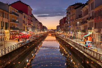 Navigli Canal, Milan, Italy at Twilight - obrazy, fototapety, plakaty