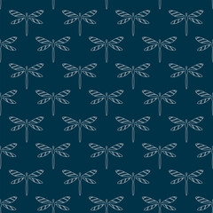 Seamless pattern with dragonflies on dark blue background. Design for fabric and paper, surface textures.