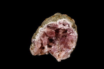 Macro mineral stone Pink Amethyst on a black background
