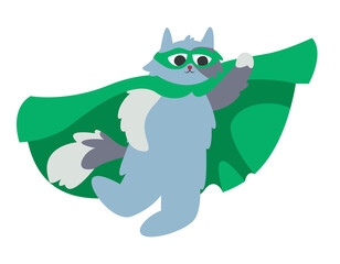 Superhero cat in green costume. Fictional character in cartoon style