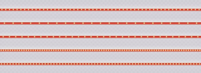 Red stripes with light bulbs, vintage marquee seamless borders set. Bright luminous retro ribbons