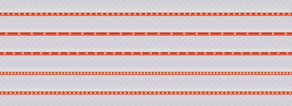 Red stripes with light bulbs, vintage marquee seamless borders set. Bright luminous retro ribbons