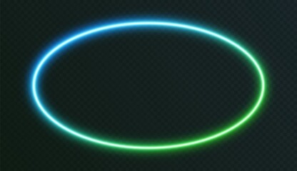 Gradient neon ellipse, blue-green glowing border isolated on a dark background. Colorful night oval banner