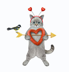 An ashen cat in a holiday headband holds a heart shaped sausage pierced with an arrow. White background. Isolated.