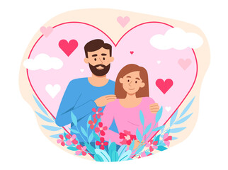 Couple in love. Man and girl in heart silhouette. Gifts for February 14, care and love. Design for greeting and greeting card. Husband and wife, happy family. Cartoon flat vector illustration