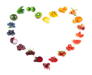 Fruits and vegetables. Heart of mixed fruits, berries and vegetables on white background. Fresh food.