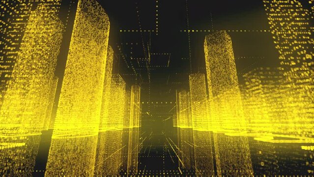 Traffic through the bright yellow model of digital city contained of random symbols on black background. Business, communications or digital technology concept. 3d rendering 4k video