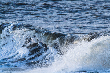 high waves with foam hit the Dutch coast near Ouddorp on a sunny, stormy day in autumn