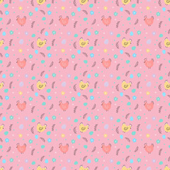 easter seamless pattern.Chicken , easter eggs, willow. Cute cartoon illustration. Design for Easter, packaging paper, textiles.