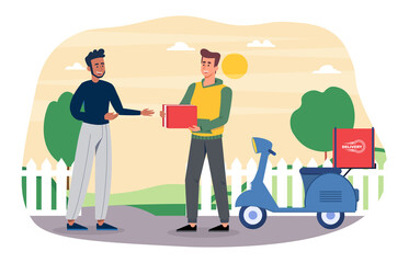 Delivery service concept. Man on scooter hands package to another character. Courier completed order. Modern service and globalization, convenience and comfort. Cartoon flat vector illustration