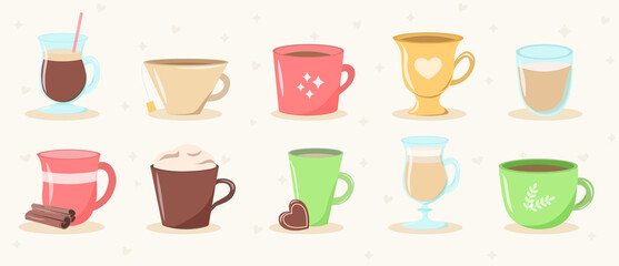 Set of drinks. Collection of different mugs with coffee and tea. Morning drinks for vivacity and energy. Stickers for social networks. Cartoon flat vector illustrations isolated on white background