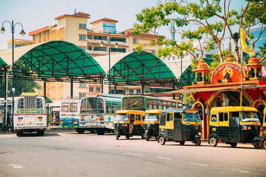 Panaji, Goa, India - February 19, 2020: Buses And Auto Rickshaw Or Tuk-tuk parked Near Bus Station. Panaji KTC Bus Stand