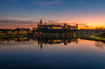 Wawel Castle and Wawel cathedral seen from the Vistula boulevards in the morning