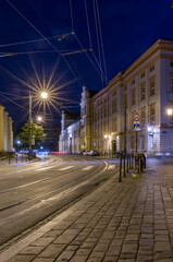Fototapeta na wymiar Krakow, Poland, tram light trails on Franciszkanska street in Old Town