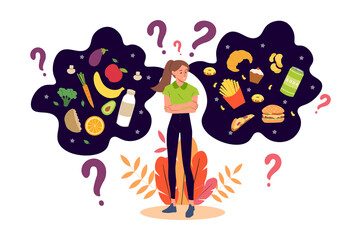 Healthy and unhealthy food. Woman chooses diet. Taking care of your health, motivation, sports and fitness. Question marks, temptation and weak will, doubts. Cartoon flat vector illustration