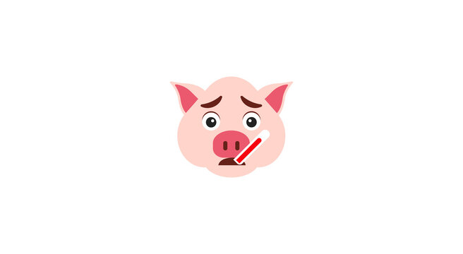 emoji with sick pig woman that has a flu or is ill measuring her temperature by holding a thermometer in her mouth, simple hand drawn emoticon, simplistic colorful picture, eps 10 vector clip art