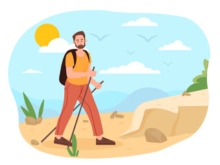 Tourist traveler concept. Man with sticks for walking in desert or rock. Active lifestyle and rest. Holidays and adventures. Extreme and exotic, beautiful landscape. Cartoon flat vector illustration