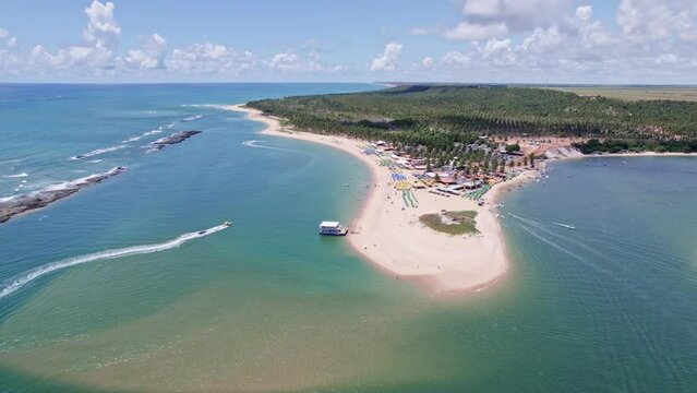 Aerial view of Gunga Beach or "Praia do Gunga", with its clear waters and coconut trees, Maceio, Alagoas. Northeast region of Brazil. 4K
