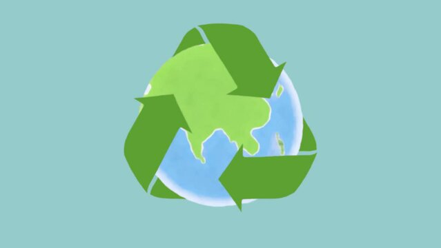Loopable cartoon animation of a recycling symbol surrounding the planet Earth 