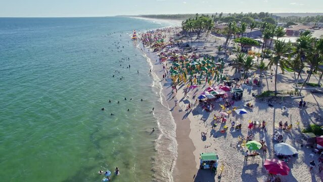 Aerial view of French Beach or "Praia do Frances", clear waters, Maceio, Alagoas. Northeast region of Brazil. 4K.
