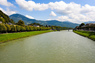 A scenic view of the Salzbach river  in Salzburg Austria.