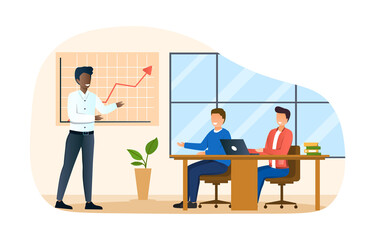 Inclusive office concept. Man shows his colleagues to graph. Marketing research, presentation and work with statistics. Company growth, revenue growth and development. Cartoon flat vector illustration