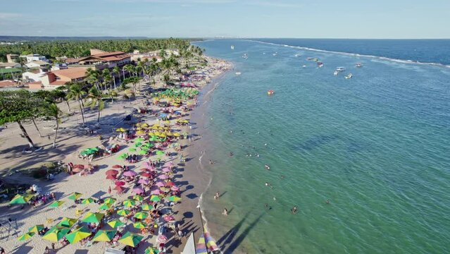 Aerial view of French Beach or "Praia do Frances", clear waters, Maceio, Alagoas. Northeast region of Brazil. 4K.