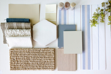 Dusty blue furniture board, sample board and mood board as an interior design and home styling concept