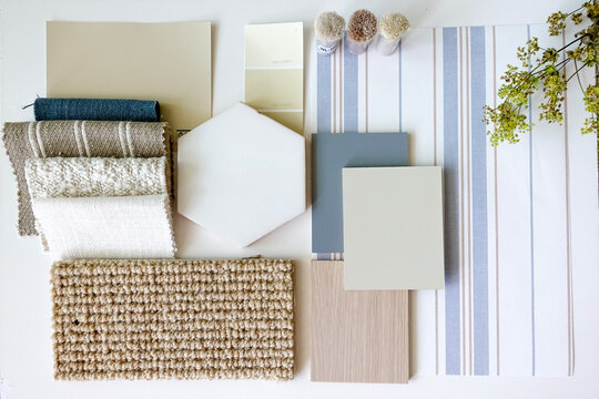 Dusty Blue Furniture Board, Sample Board And Mood Board As An Interior Design And Home Styling Concept