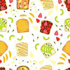 Flat vector cartoon seamless sandwich pattern. Toasts with sweet and salty fillings. Background wallpaper with texture.