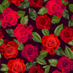 Red roses seamless pattern in dark back