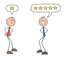 Two customer stickman businessman arguing with each other. One is not at all satisfied with the service or product and gives 1 star, the other is satisfied and gives 5 stars