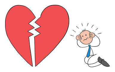 Stickman businessman kneeling in front of broken heart and disappointed, hand drawn outline cartoon vector illustration