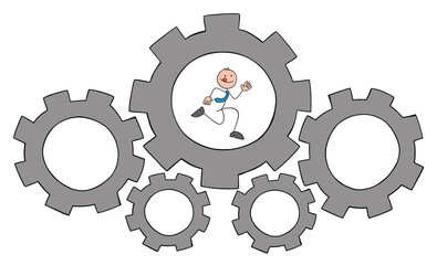 Stickman businessman are running in the spinning gears, hand drawn outline cartoon vector illustration