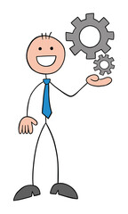 Stickman businessman holding gears, hand drawn outline cartoon vector illustration