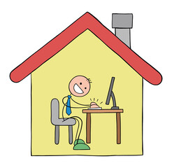 Stickman businessman works from home with computer, hand drawn outline cartoon vector illustration