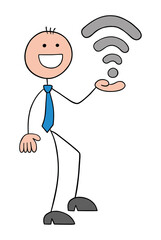 Stickman businessman holding wireless and wifi symbol, hand drawn outline cartoon vector illustration