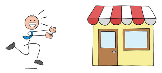 Stickman businessman is running towards the shop for shopping, hand drawn outline cartoon vector illustration