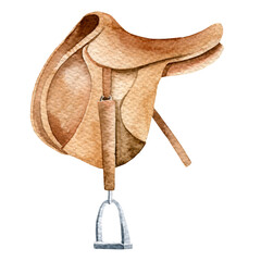 Watercolor  horse saddle,equestrian equipment,  hunter jumper elements, horse riding sports