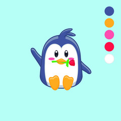 Cute cartoon penguin with flower vector illustration. Isolated animal vector. Flat cartoon style