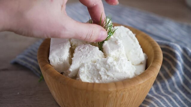 Traditional homemade salted curd cheese. Healthy and fermented food