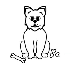 White dog, food, bone, with a black stroke, drawing on a white background, for design, coloring, printing