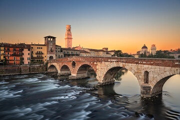 Fototapeta premium Verona, Italy Town Skyline on the Adige River with Ponte Pietra