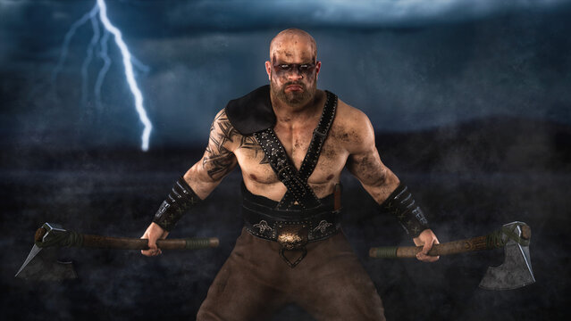 Medieval Viking warrior wearing tribal warpaint and tattoo standing on a battlefield in a thunder storm with an axe in each hand. 3D illustration.