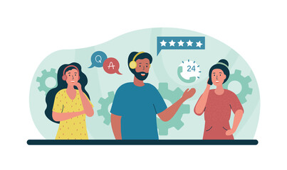 Hotline operators consult. People in headphones with microphone meet customers. Customer support, answers to questions. Employee receives feedback, consultations. Cartoon flat vector illustration
