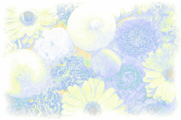 Purple flowers and spherical ornaments in colored pencil style