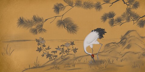 White crane with gold background. Abstract watercolor paint background grunge texture. Interior Wallpaper. Mural for the walls, fresco for the room, interior grunge style