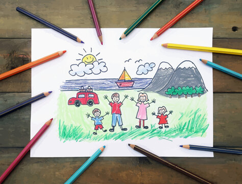 Drawing made by a child surrounded by colored pencils.
Illustration made by a children. Dad, mom, boy and girl. Car with mountains and sea with a boat. In the sky the clouds and a smiling sun.